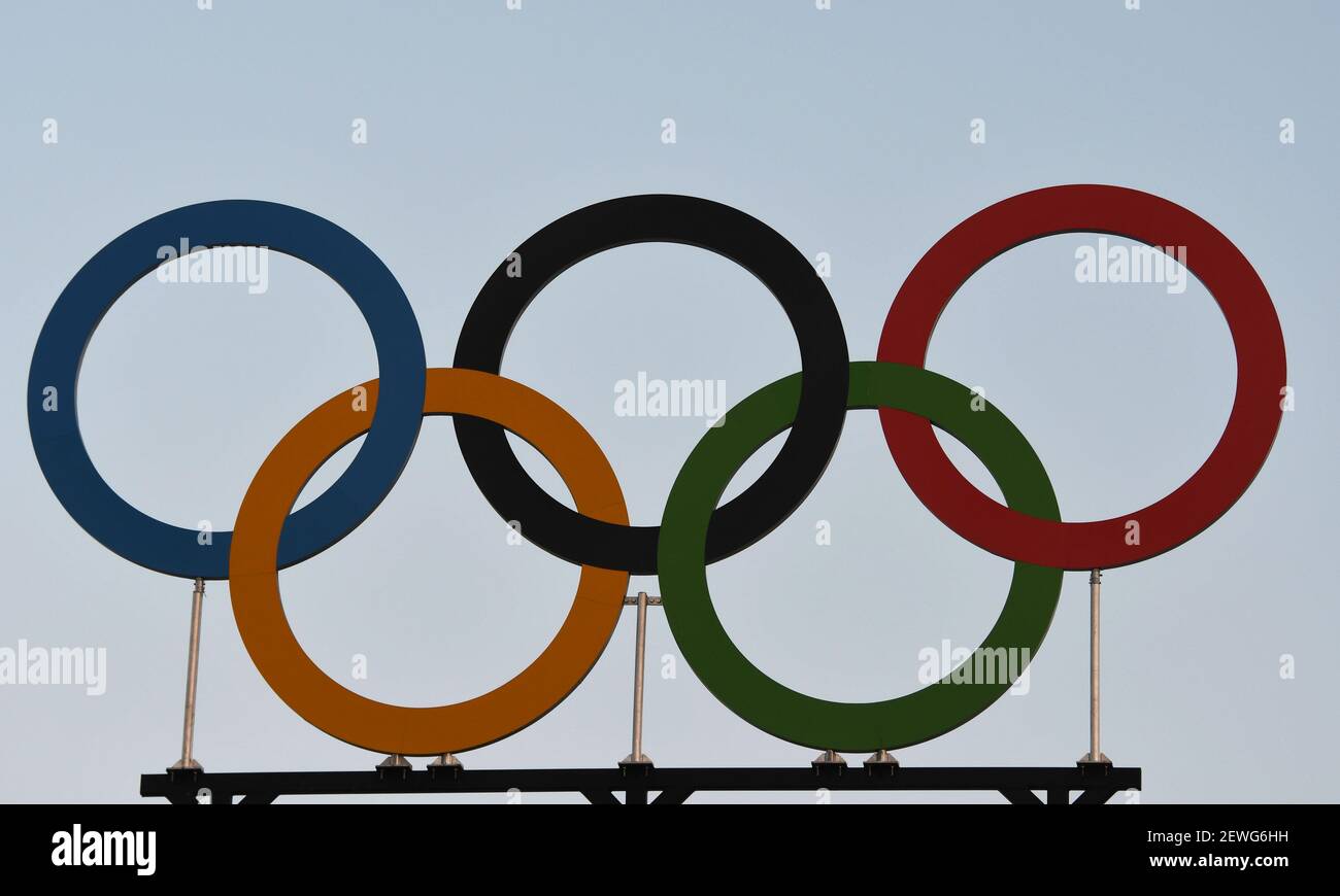 General view of the Olympic rings at the Beach Volleyball Arena prior to  the 2016 Rio