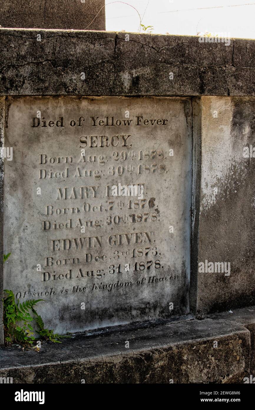 Gravestone with for three children who died of yellow fever on