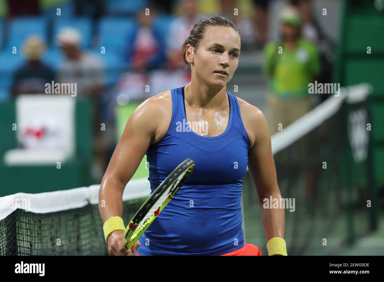 Aug 7, 2016; Rio de Janeiro, Brazil; Stephanie Vogt (LIE) looks on during  her match against Johanna Konta (GBR, not pictured) in the Rio 2016 Summer  Olympic Games at Olympic Tennis Centre.