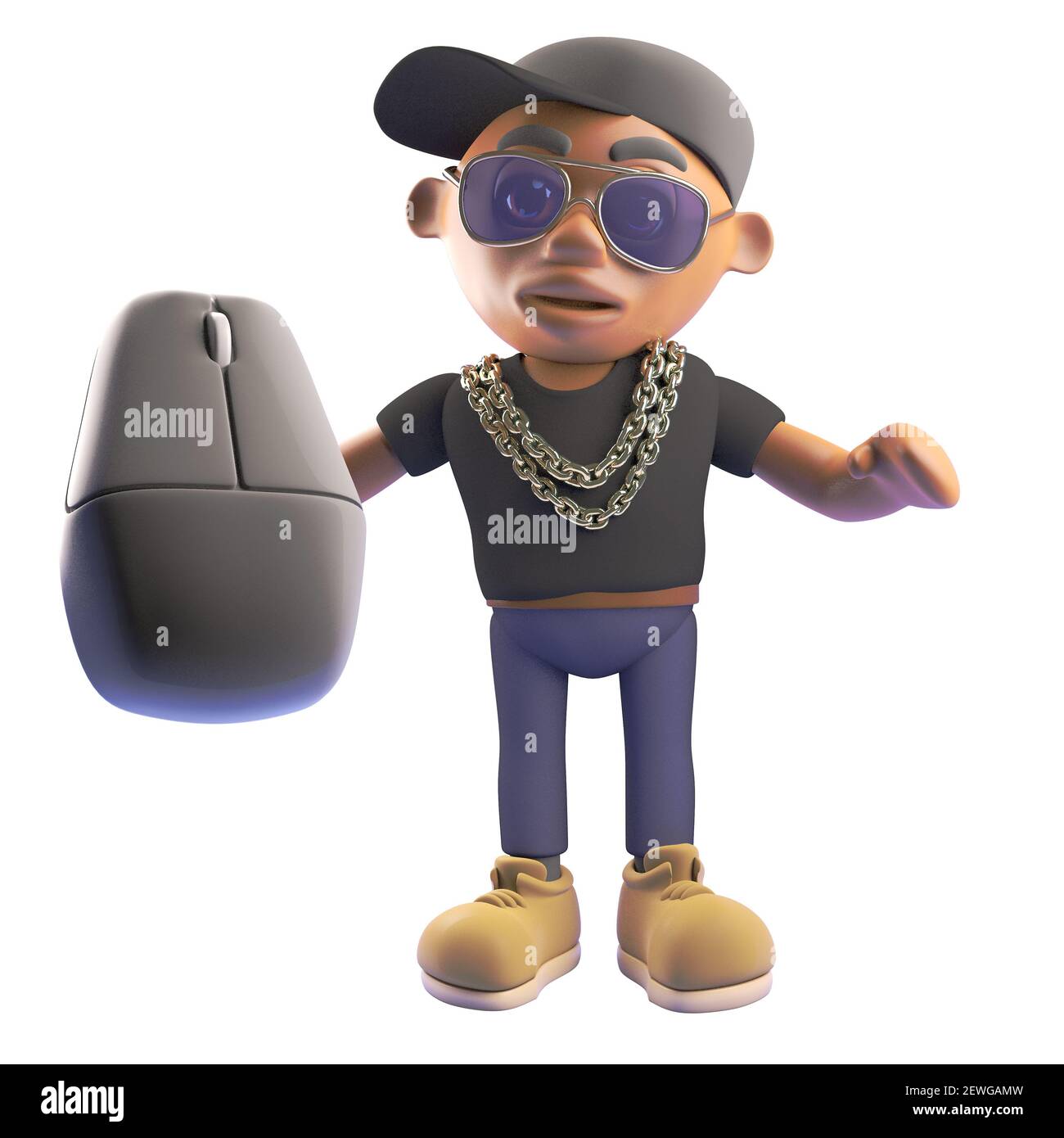 3d cartoon black rapper hiphop artist holding computer mouse, 3d ...