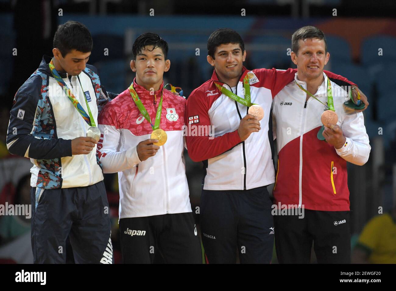 Aug 8 16 Rio De Janeiro Brazil Rustam Orujov Aze Left And Shohei Ono Jpn Middle And Lasha Shavdatuashvili Geo Middle Right And Dirk Van Tichelt Bel Right Pose With Their Medals