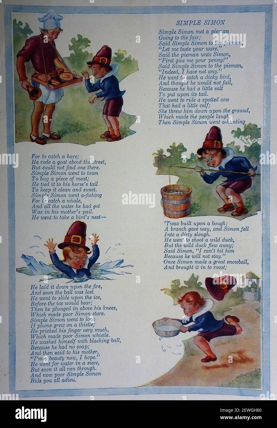 SIMPLE SIMON. An early British colour illustration of the full version (4 extended verses) of the English children's nursery rhyme .----- 'Simple Simon's Misfortunes and his Wife Margery's Cruelty', first appeared about 1685. Some believe however that the ballad refers to a well known simpleton and  London beggar of the very early 1700s, Simon Edy. He was also known as Old Simon and owned a number of dogs and collected discarded bric-a-brac that he had found in the streets &  begged outside the churchyard of St Giles in the Fields Stock Photo