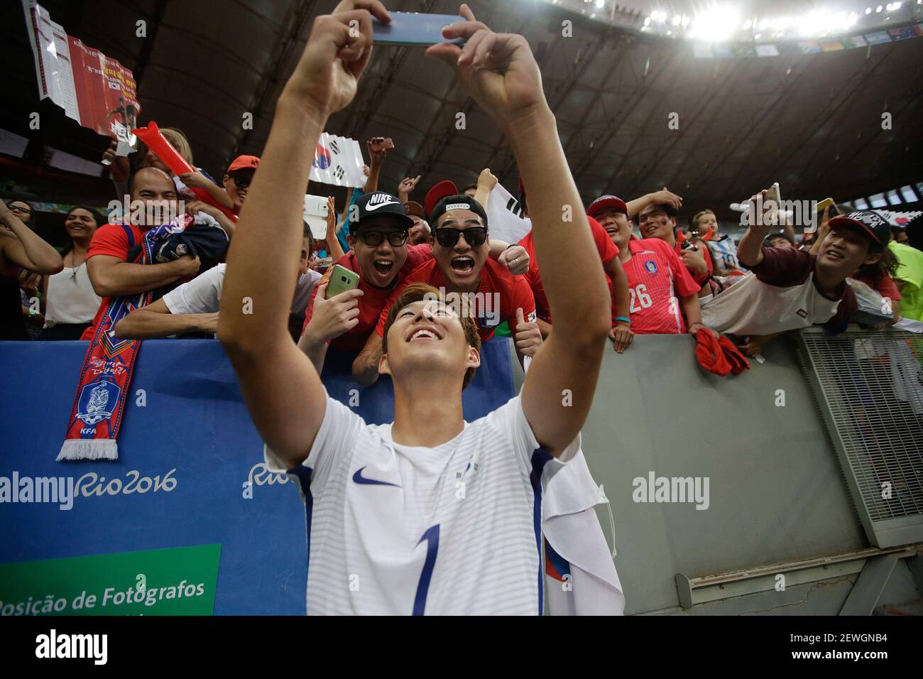 BRASÍLIA, DF - 10.08.2016: OLYMPICS 2016 FOOTBALL BRASILIA - Kin of Korea  celebrates with the crowd to win the match between Korea (KOR) and Mexico  (MEX) by Group C Olympic Men's FootbOll