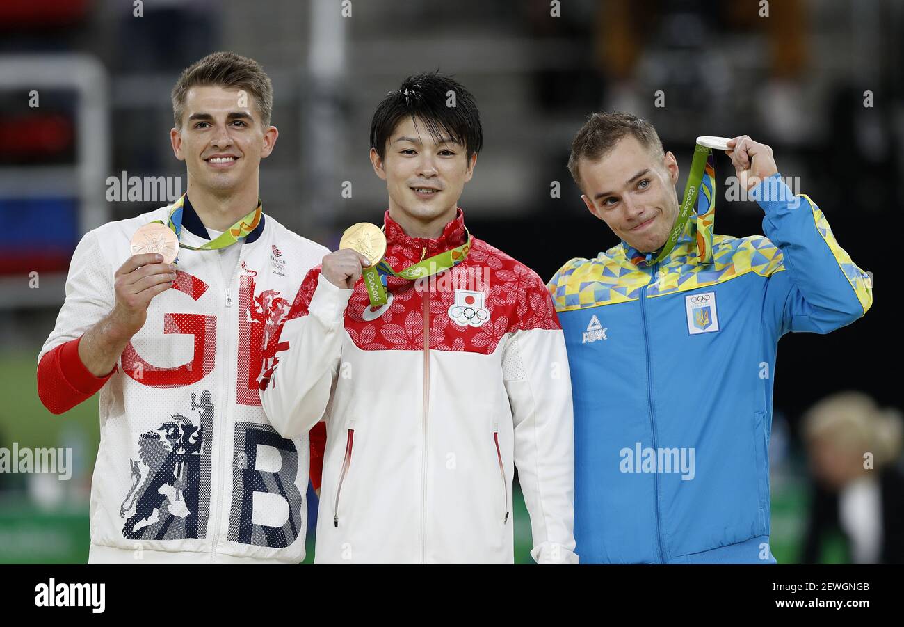 Rio De Janeiro Rj 10 08 16 Olympics 16 Artistic Gymnastics Kohei Japan S Uchimcra Celebrates His Gold Medal In The Men S Aroundound Final Alongside Max Whitlock Bronze Of England And Overniaiev Ukraine Rio De Janeiro Rj 10 08 16 Olympics 16 Artistic Gymnastics Kohei Japan S Uchimcra Celebrates His Gold Medal In The Men S Aroundound Final Alongside Max Whitlock Bronze Of England And Overniaiev Ukraine