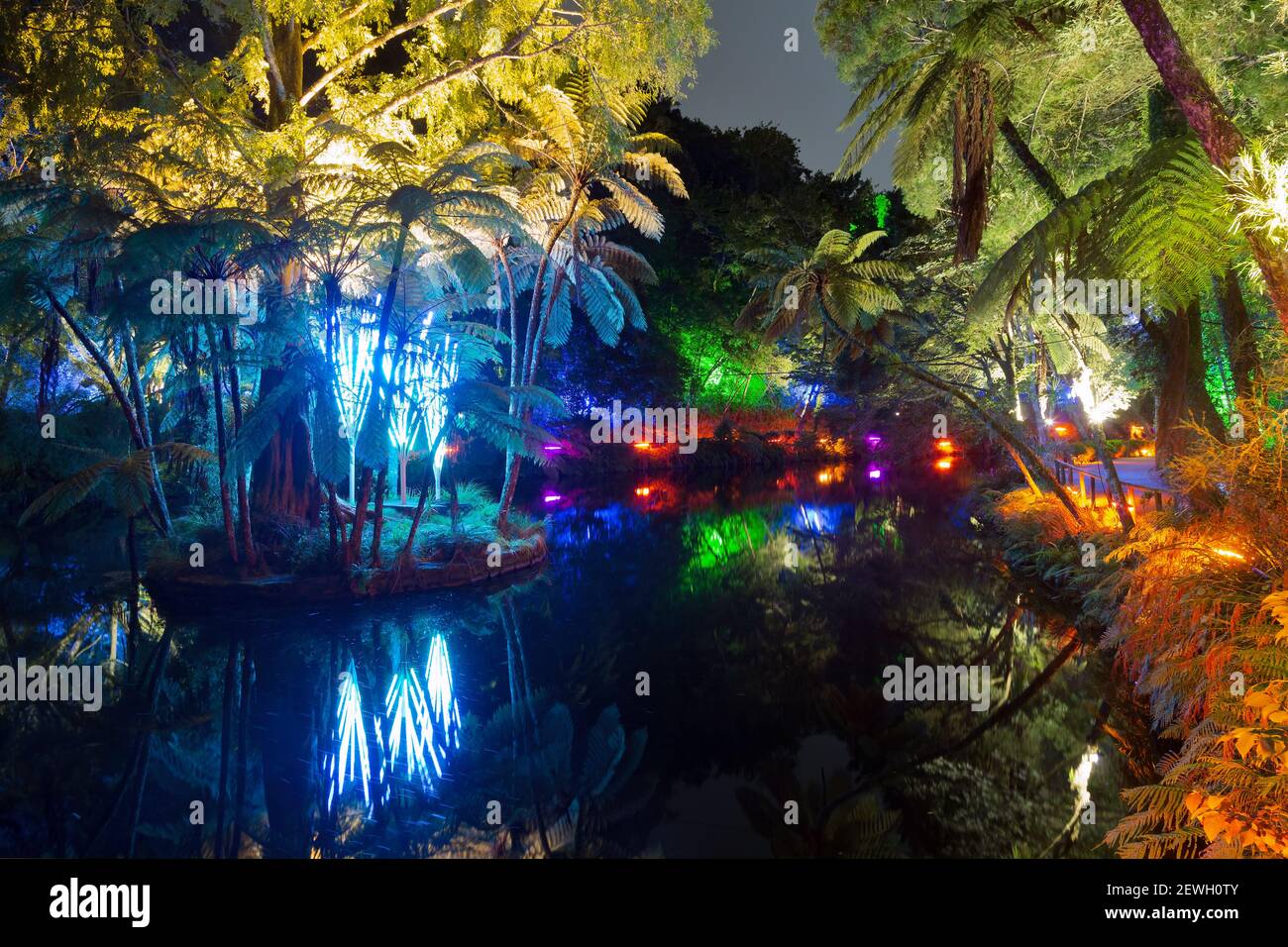 Colorful nighttime lighting in Pukekura Park, New Plymouth, New Zealand ...