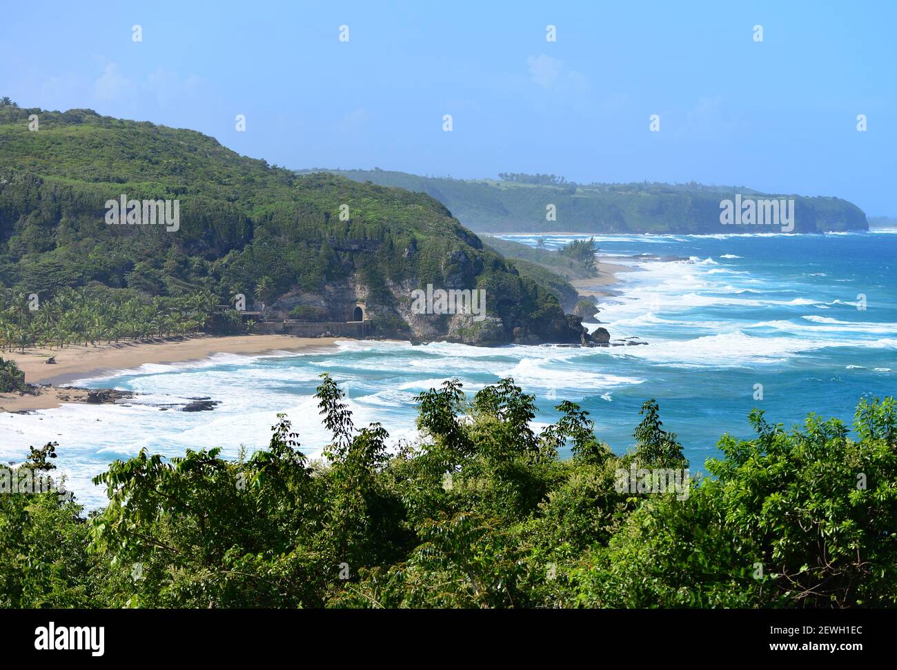 View of the historic railroad tunnel of Guajataca and the beach, Isabela, Puerto Rico Stock Photo