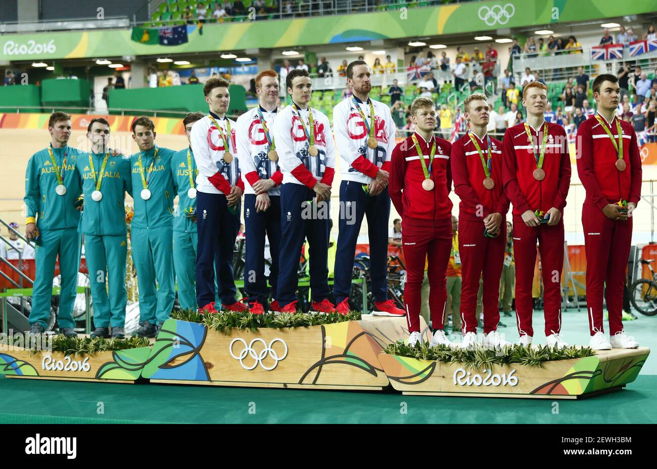 Aug 12 16 Rio De Janeiro Brazil Silver Medal Winners Team Australia Left Gold Medal Winners Great Britain And Bronze Medal Winners Denmark Take The Podium After Competing In The Men S Cycling