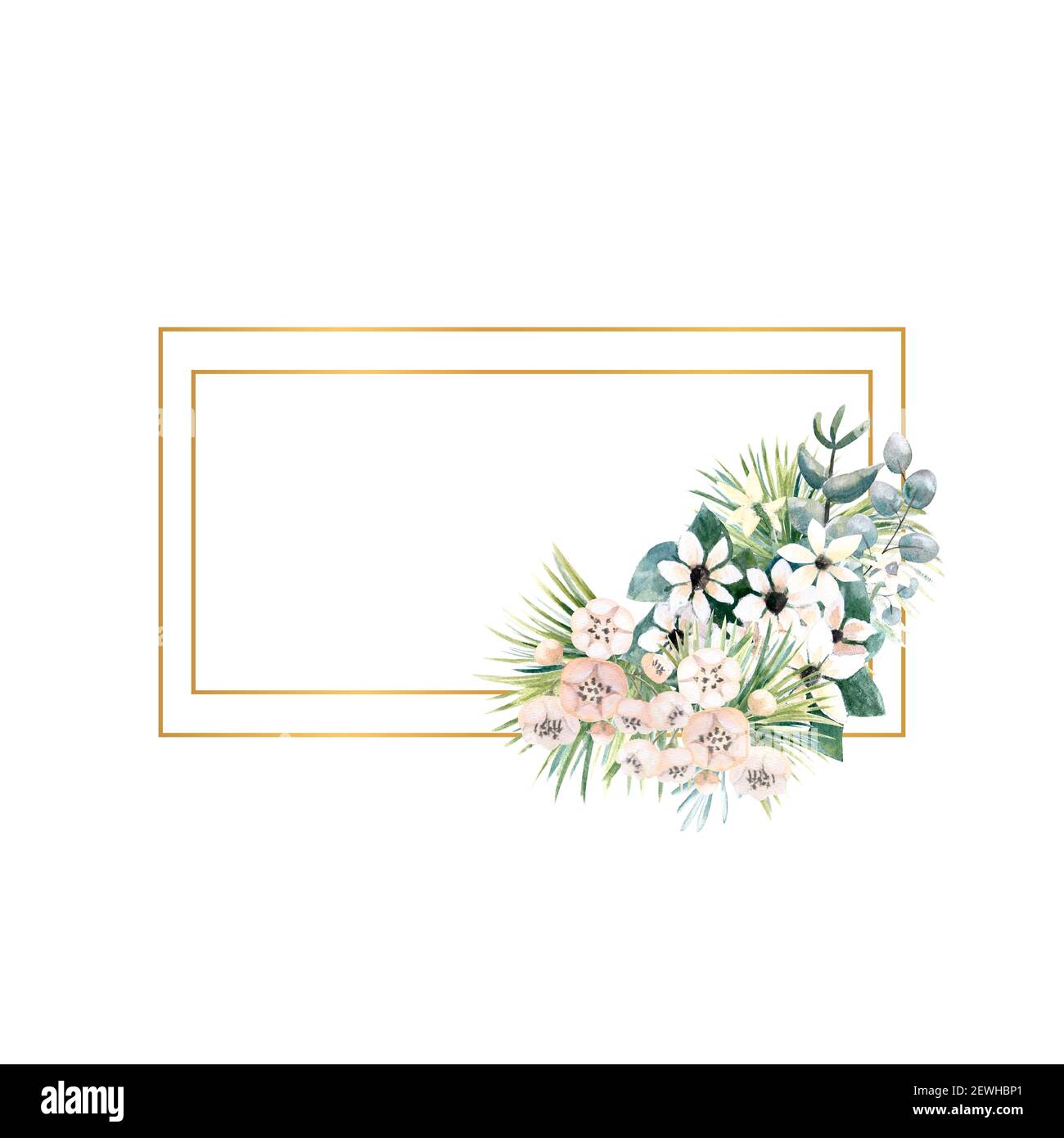 Rectangular gold frame with small flowers of actinidia, bouvardia, tropical and palm leaves. Wedding bouquet in a frame for the design of a stylish Stock Photo