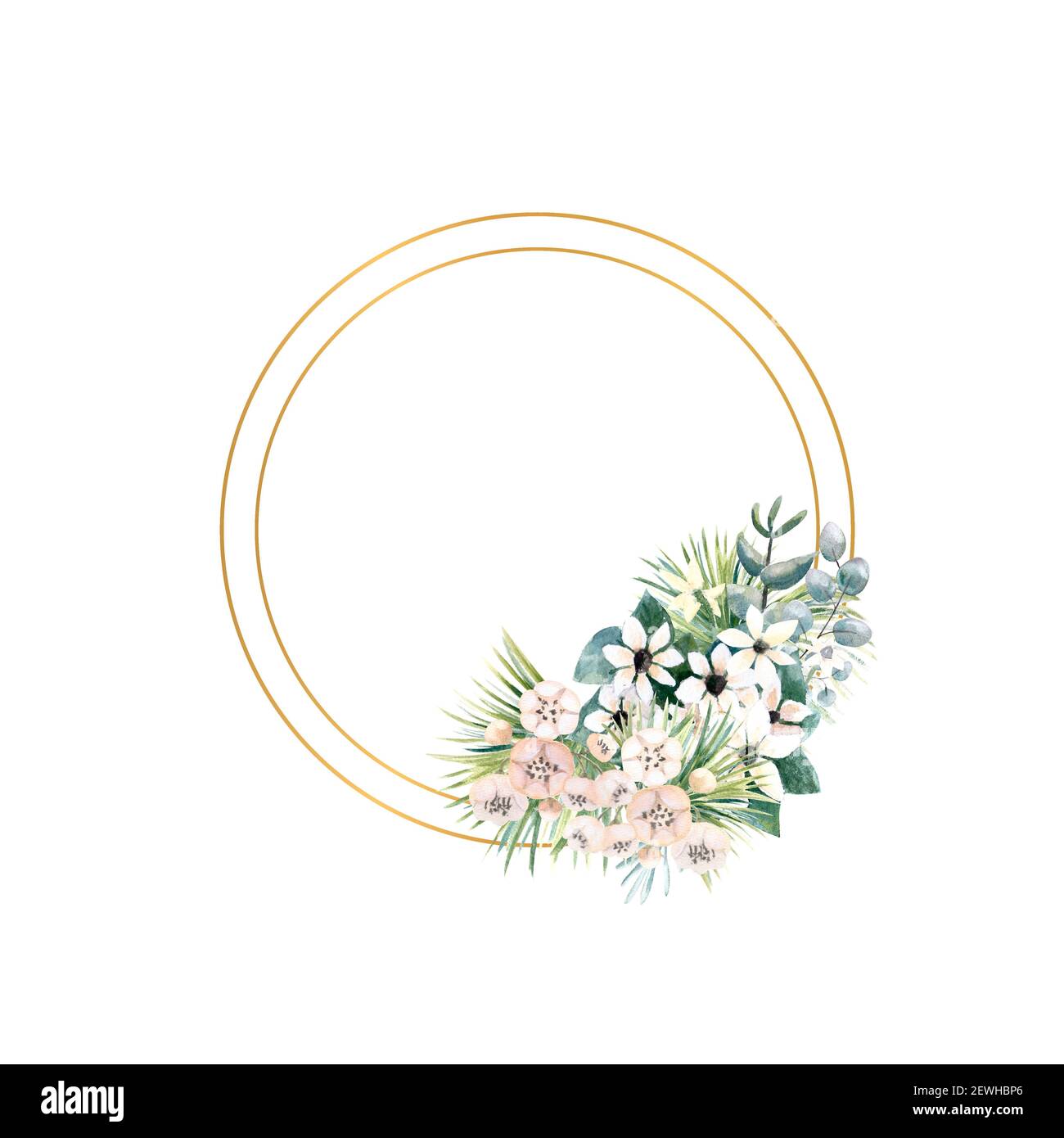 Round gold frame with small flowers of actinidia, bouvardia, tropical and palm leaves. Wedding bouquet in a frame for the design of a stylish Stock Photo