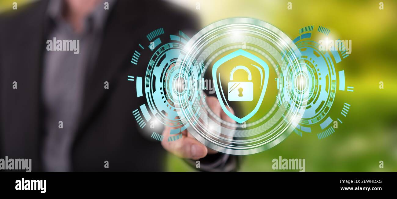 Man touching a data security concept on a touch screen with his finger ...