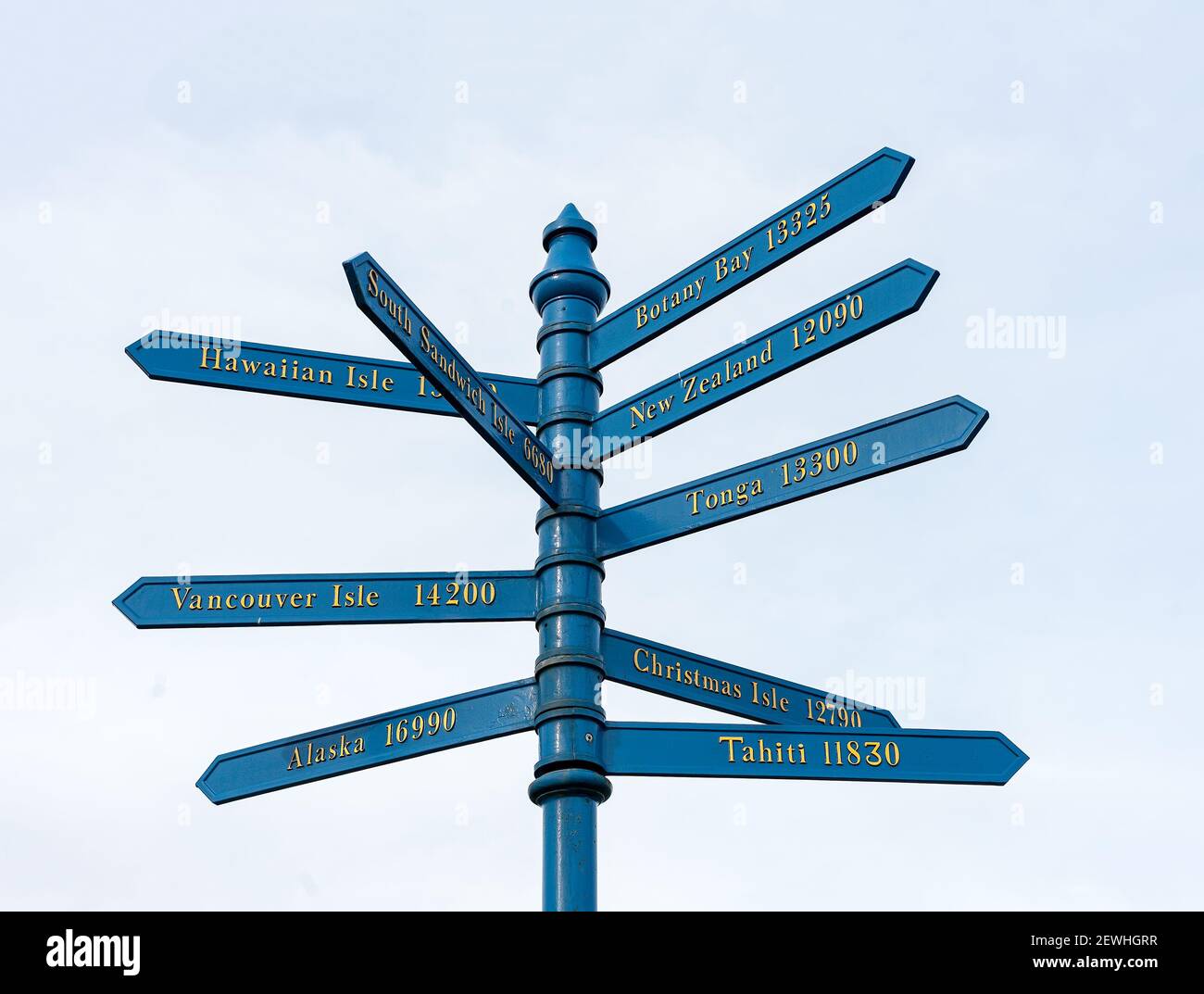 WHITBY, NORTH YORKSHIRE, UK - MARCH 17, 2010:  Signpost in the town showing direction and distance of places discovered by Captain James Cook Stock Photo