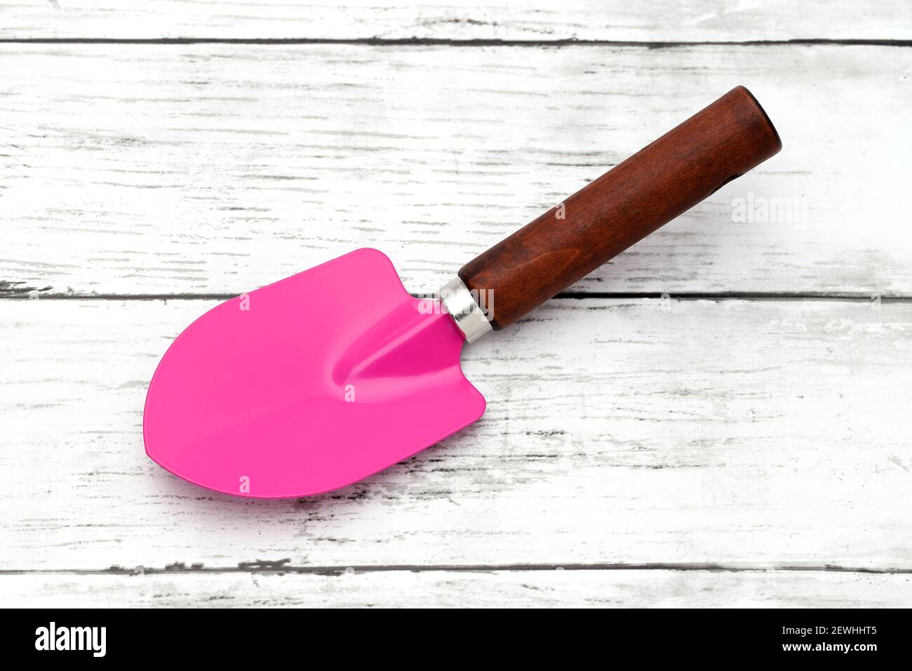 garden tool, a shovel on a wooden grunge white table Stock Photo