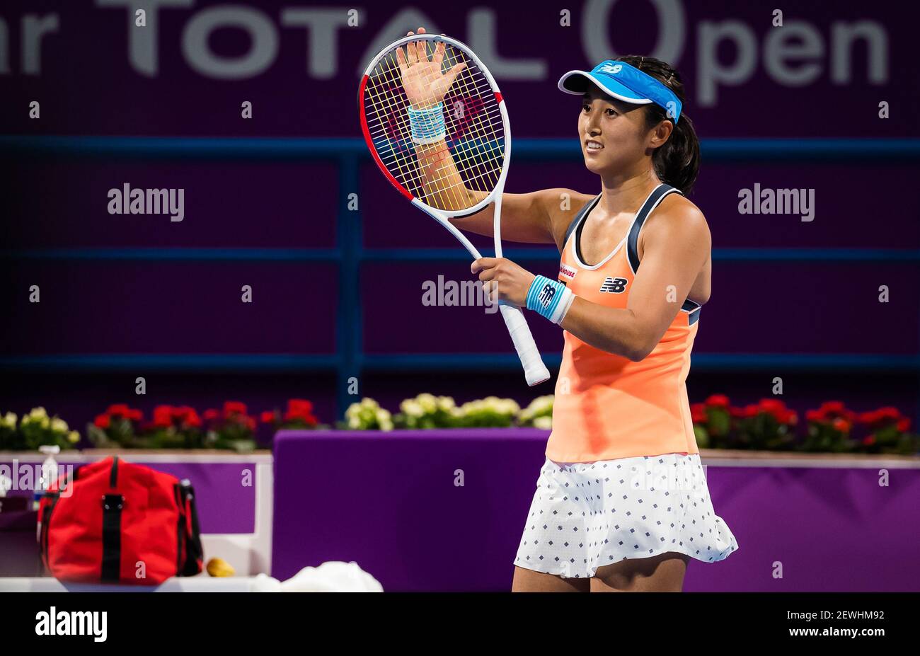 Misaki Doi of Japan during her first round match at the 2021 Qatar Total  Open, WTA 500 tennis tournament on March 2, 2021 at the Khalifa  International Tennis and Squash Complex in