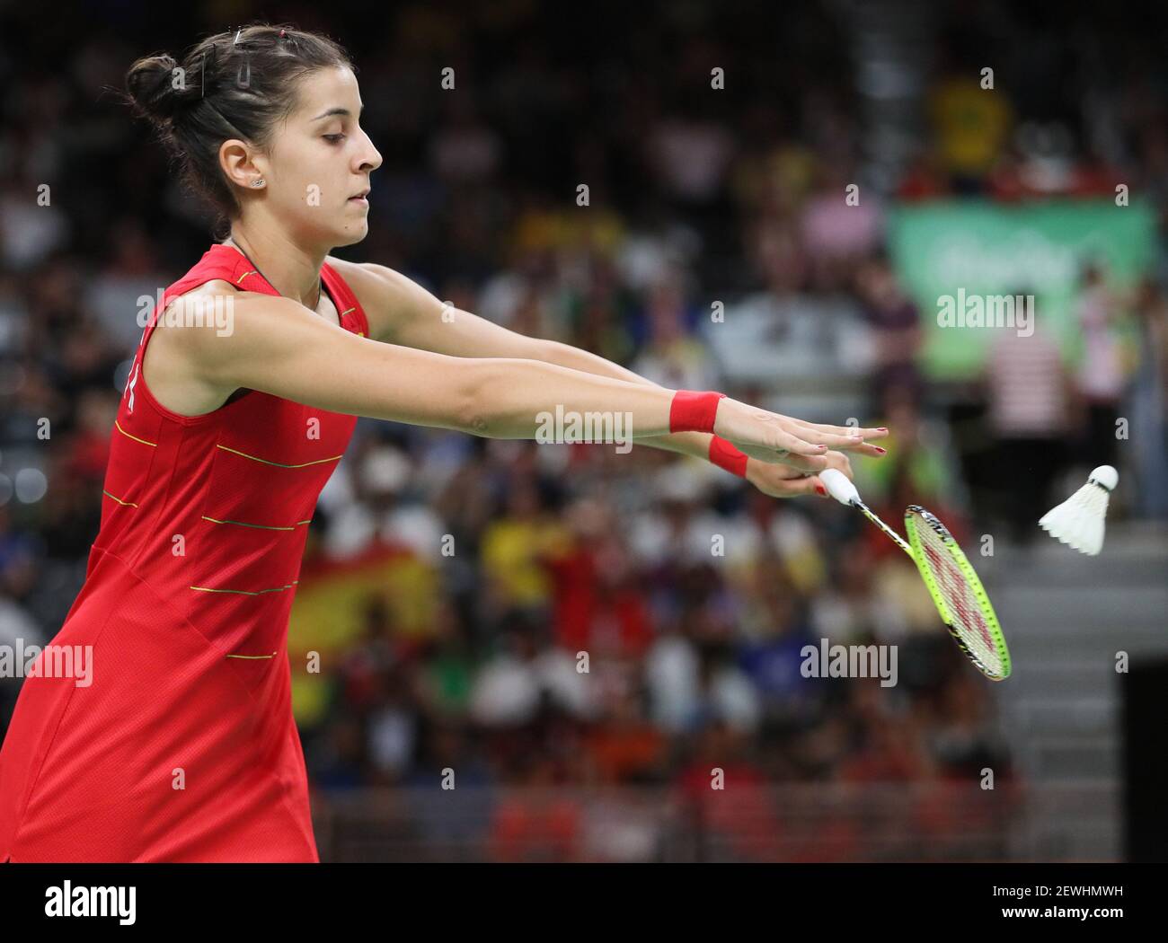 Aug 19, 2016; Rio de Janeiro, Brazil; Carolina Marin (ESP) competes against  V. Sindhu Pusarla (IND) in a women's single gold medal badminton match at  Riocentro - Pavilion 4 during the Rio