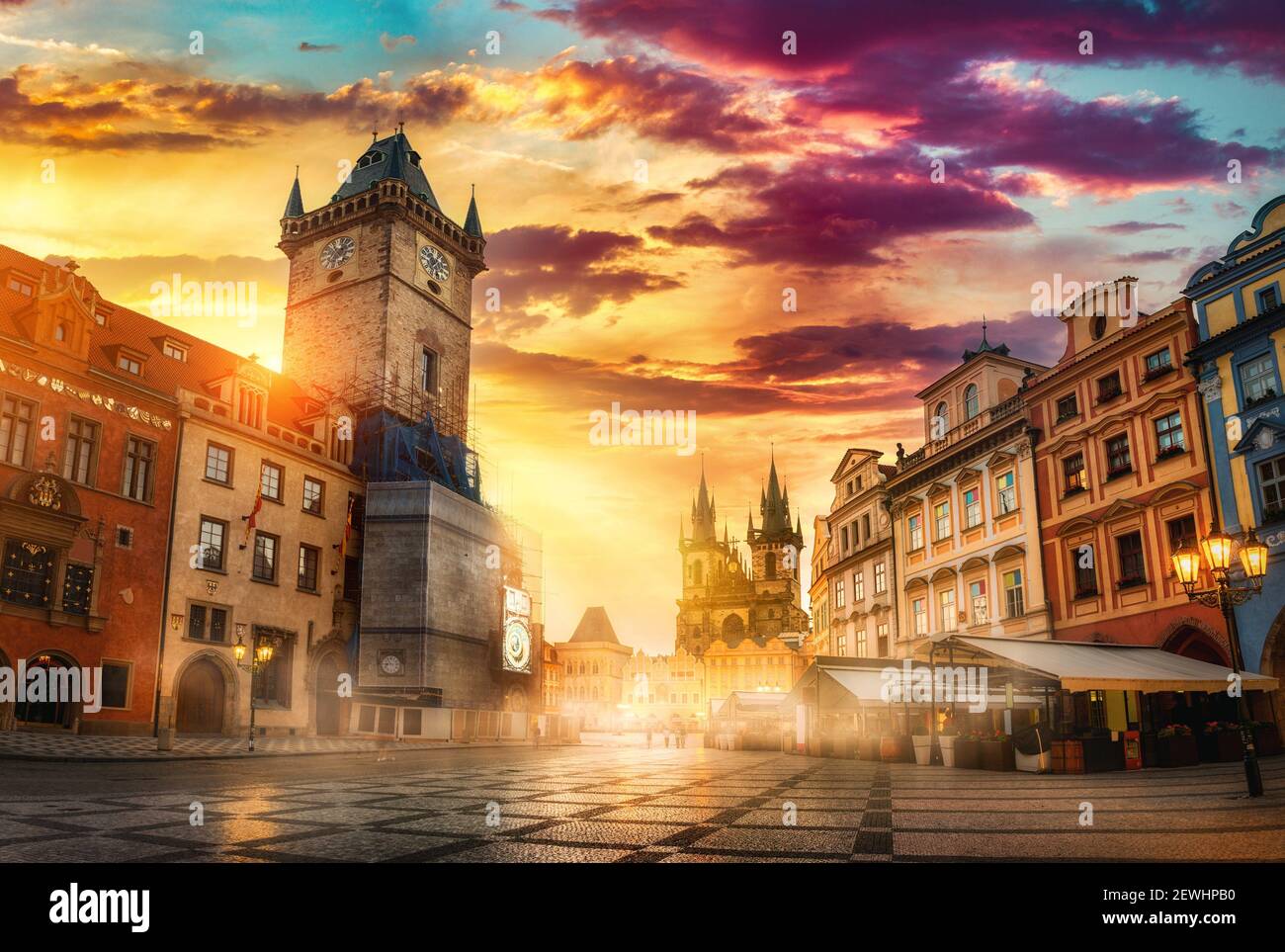 Prague Old Town square illuminated in early morning. Stock Photo