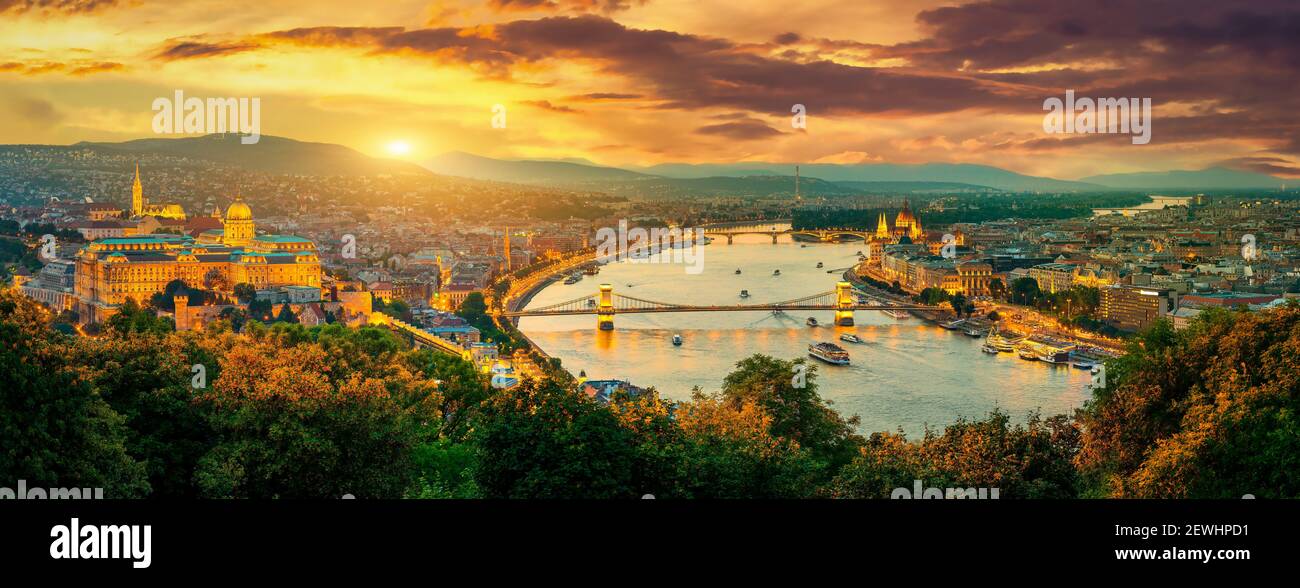 Panoramic view on landmarks of Budapest at sunset, Hungary. Stock Photo