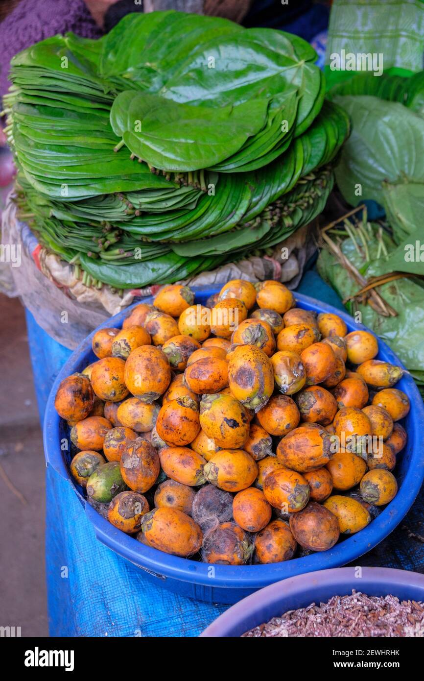 Areca nut and betel leaves in the Guwahati market. The areca nut is the