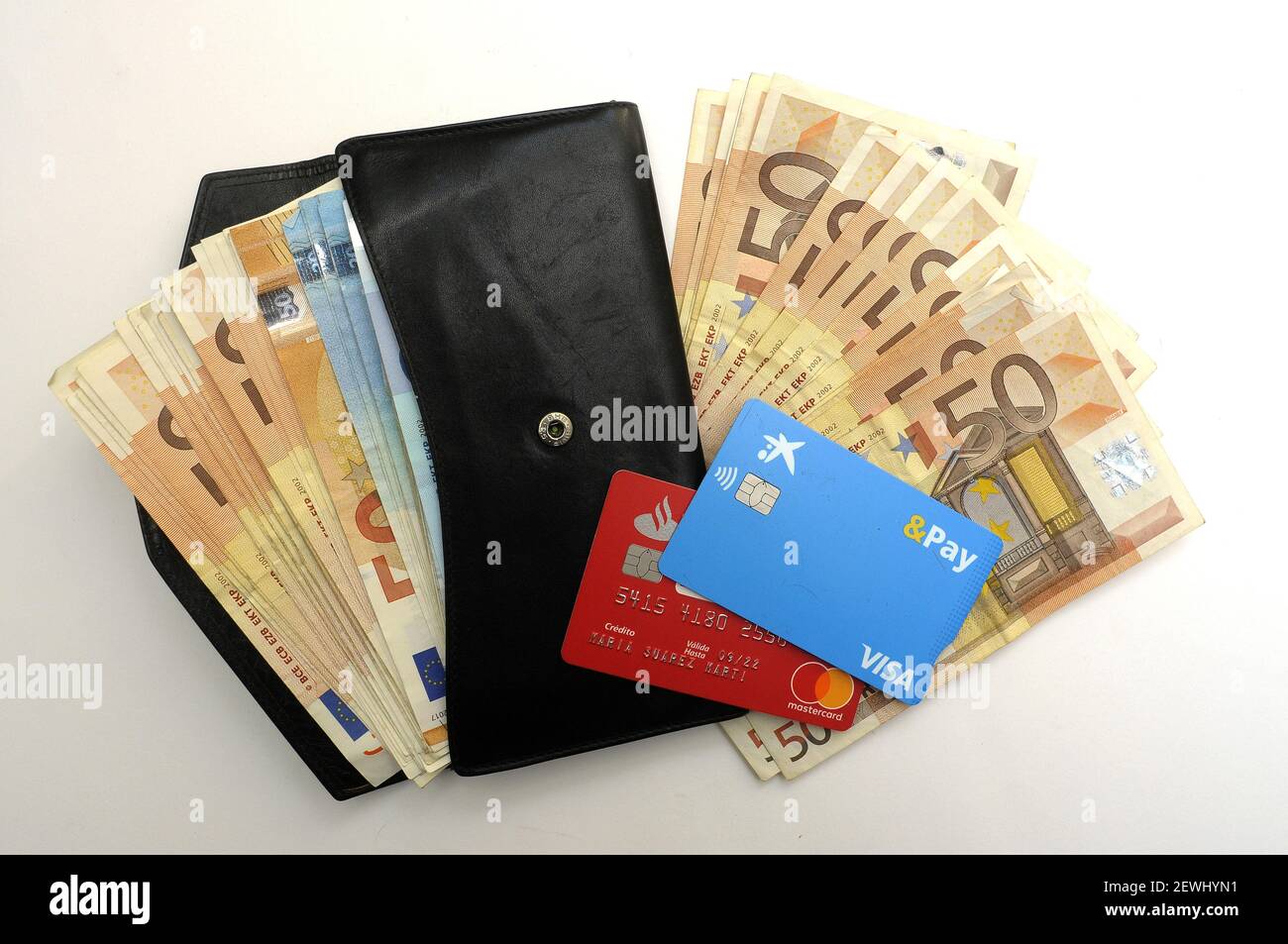 wallet with money and credit cards Stock Photo