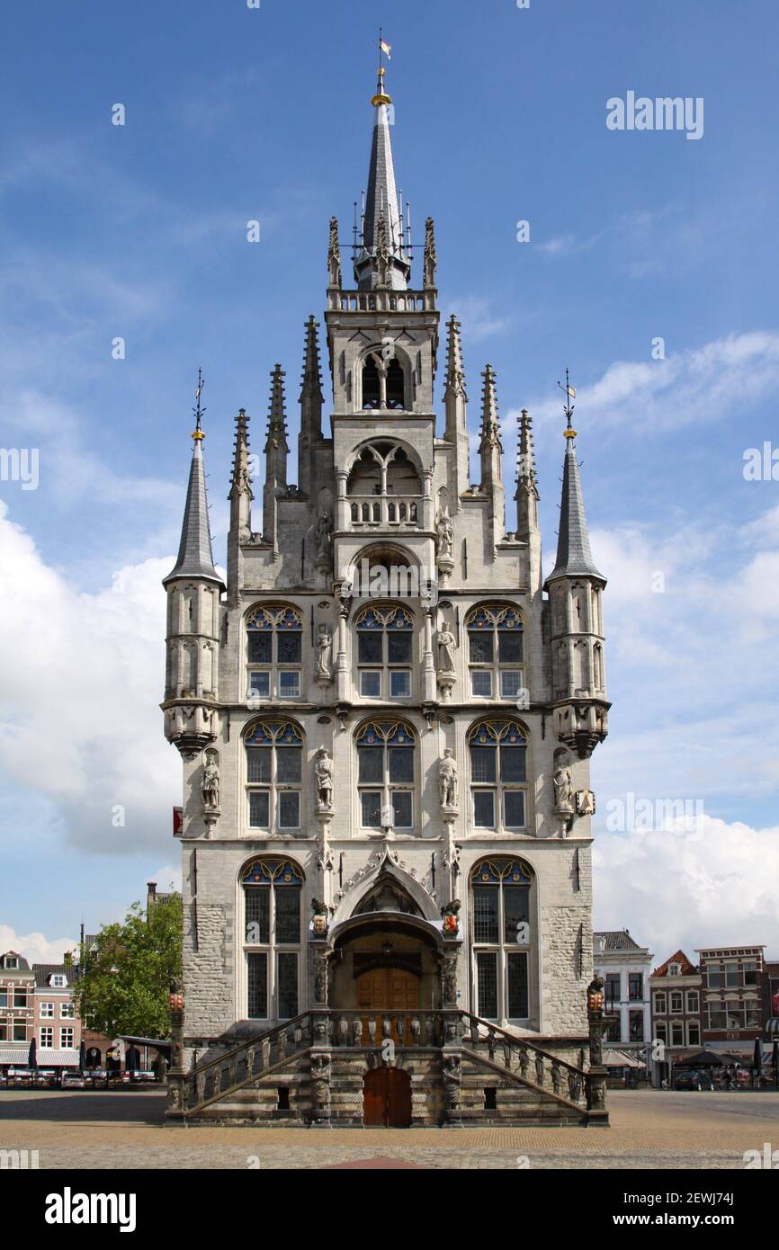 Town house of the city Gouda with pointed gothic towers. Stock Photo