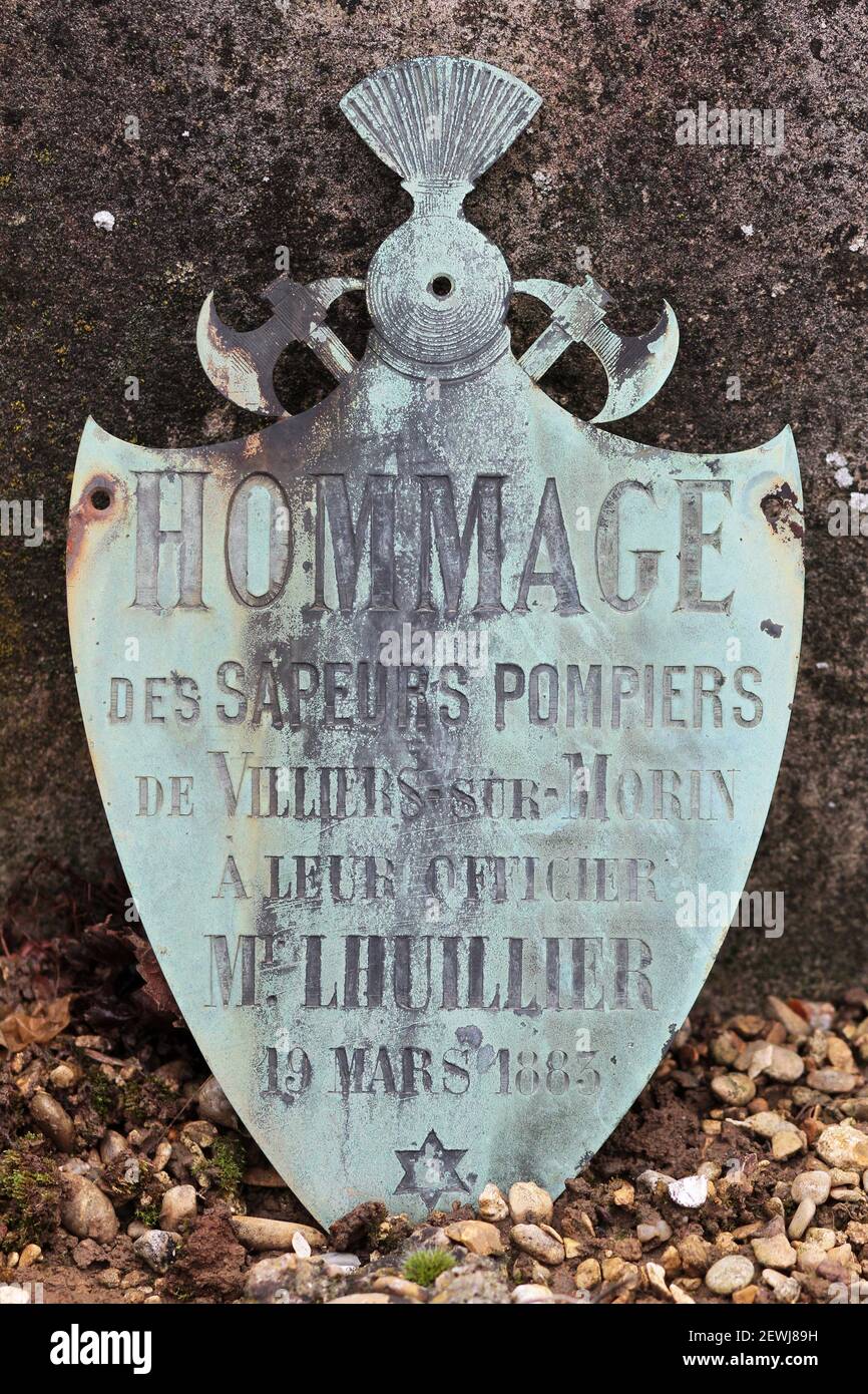 Commemorative plaque. Homage of the firefighters of Villiers-sur-Morin. Seine et Marne. France. Europe. Stock Photo