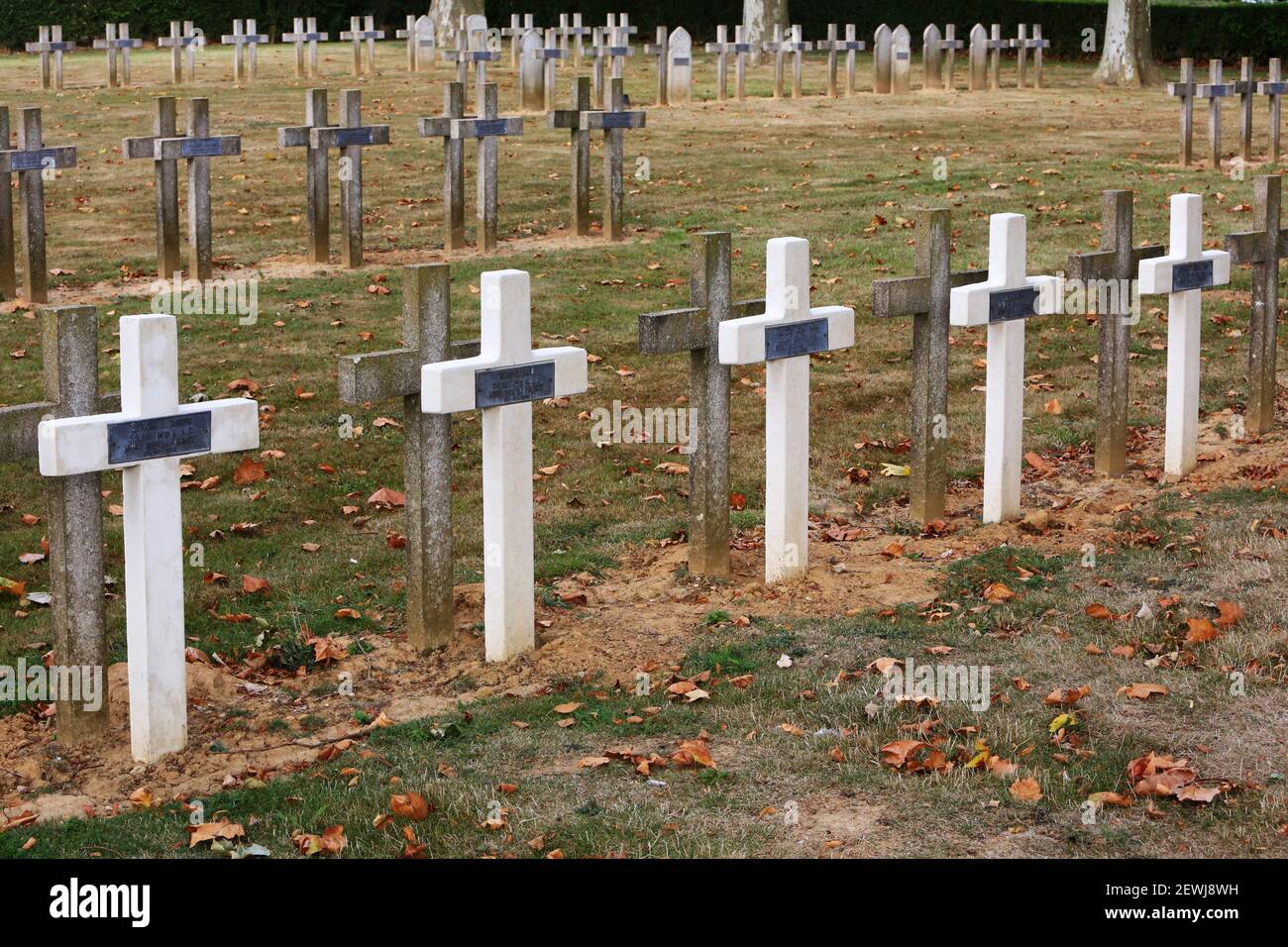 Gravestones. French military cemetery comprising 990 soldiers in four ossuaries. These men belonged to the infantry troops, the Zouaves as well as Stock Photo