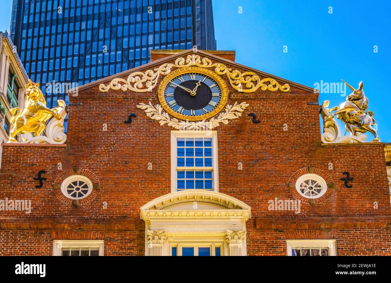 British Lion Unicorn Faneuil Meeting Hall Freedom Trail Boston Massachusetts. Meeting place American Revolution. Stock Photo