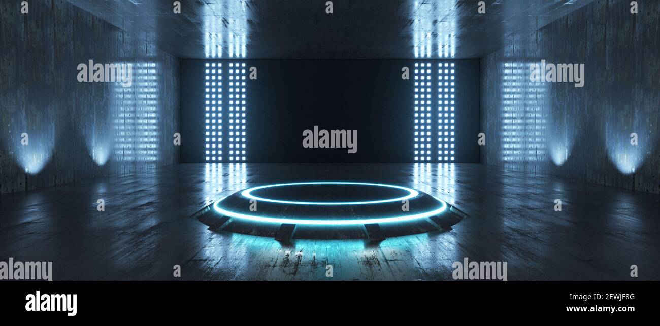 Futuristic Sci Fi Empty Stage neon in a room with spotlights and reflective  walls. 3d rendering Stock Photo - Alamy