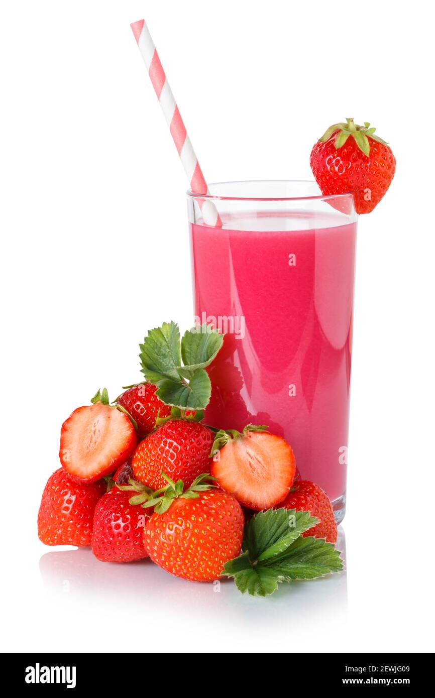 Fruit juice drink strawberry smoothie straw strawberries in a glass isolated on a white background. Stock Photo
