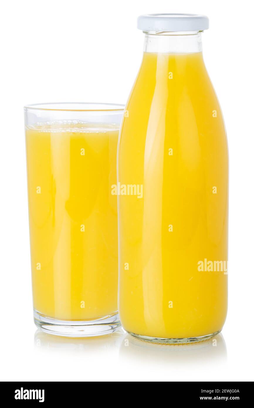 Fruit juice orange smoothie drink bottle and glass isolated on a white background. Stock Photo