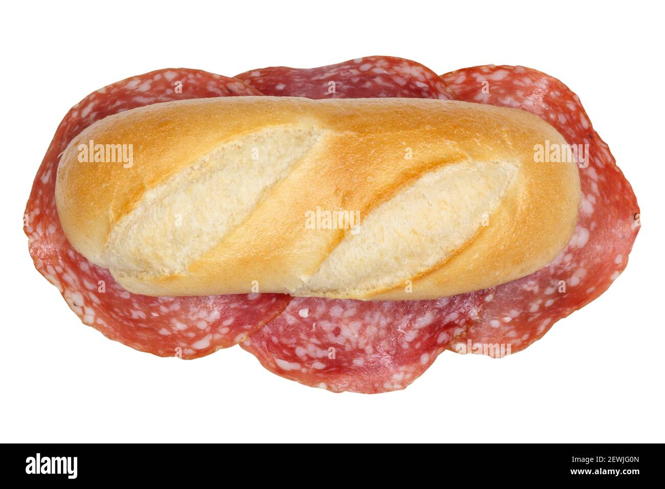 Sub sandwich with salami ham from above isolated on a white background. Stock Photo