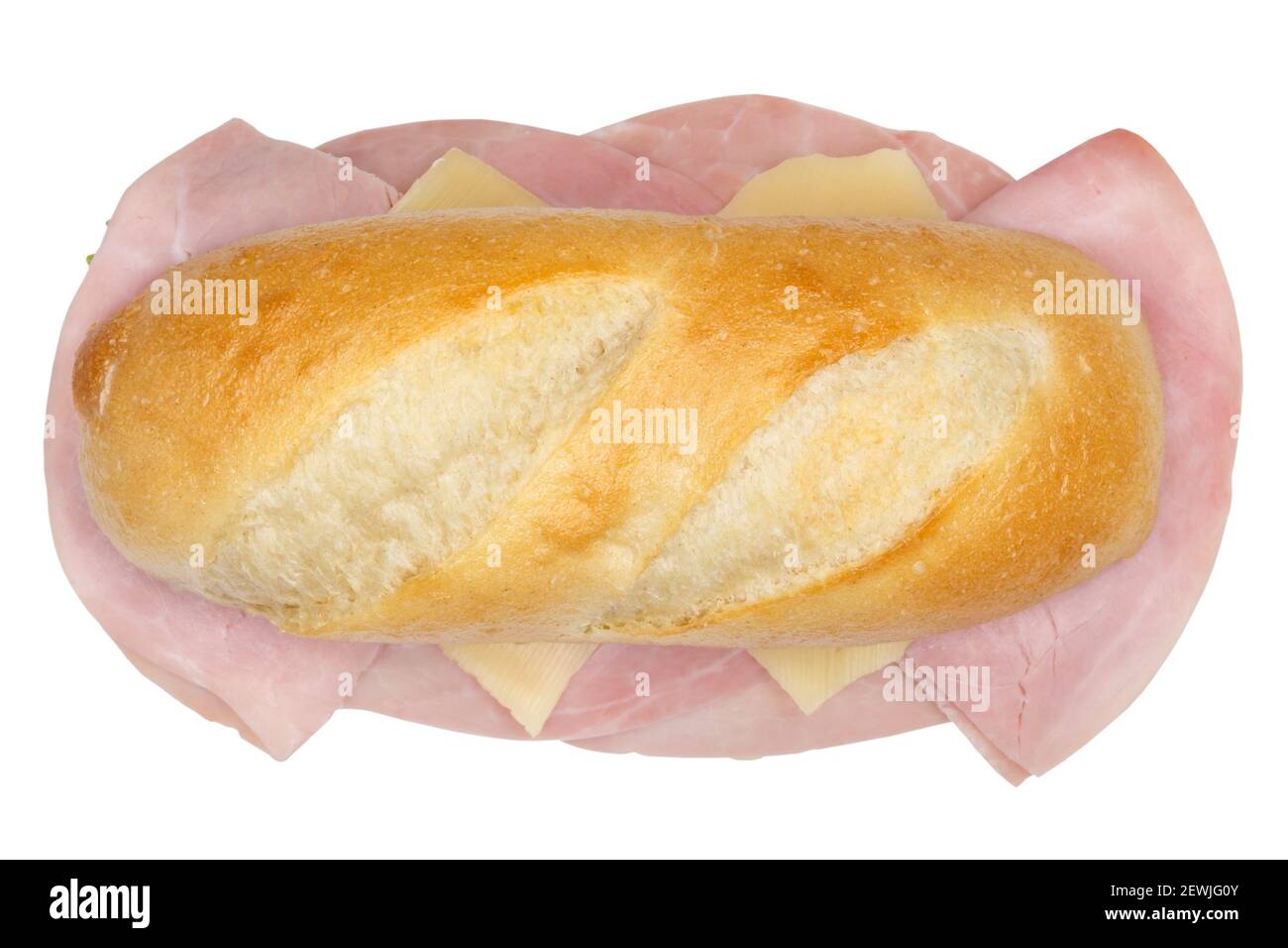 Sub sandwich with ham and cheese from above isolated on a white background. Stock Photo