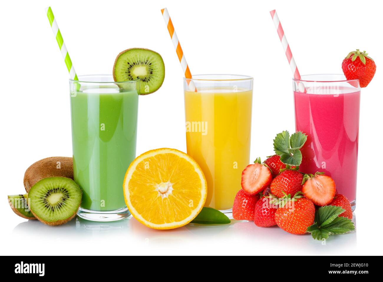 Fruit juice smoothie smoothies drink drinks straw fruits glass isolated on a white background. Stock Photo
