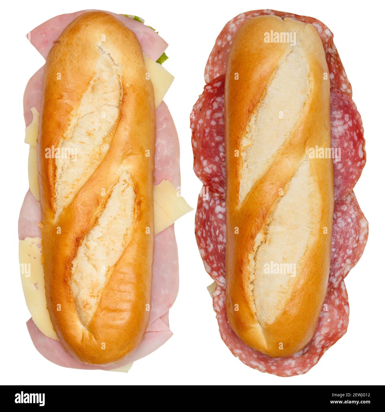 Baguettes sub sandwiches with salami ham and cheese from above isolated on a white background. Stock Photo