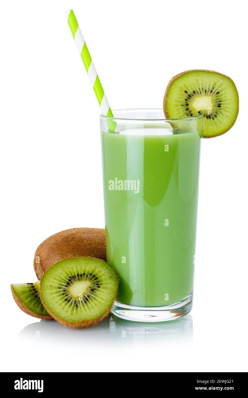 Green smoothie fruit juice drink straw kiwi in a glass isolated on a white background. Stock Photo