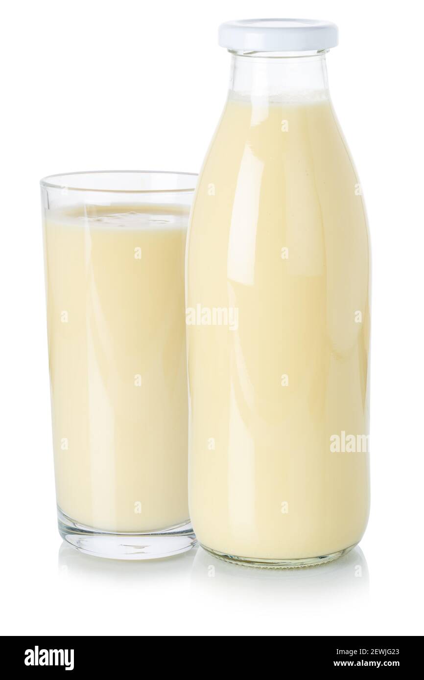 Milk drink milkshake shake in a bottle and glass isolated on a white background. Stock Photo