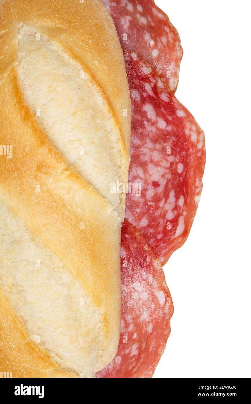 Sandwich with salami ham from above isolated on a white background. Stock Photo
