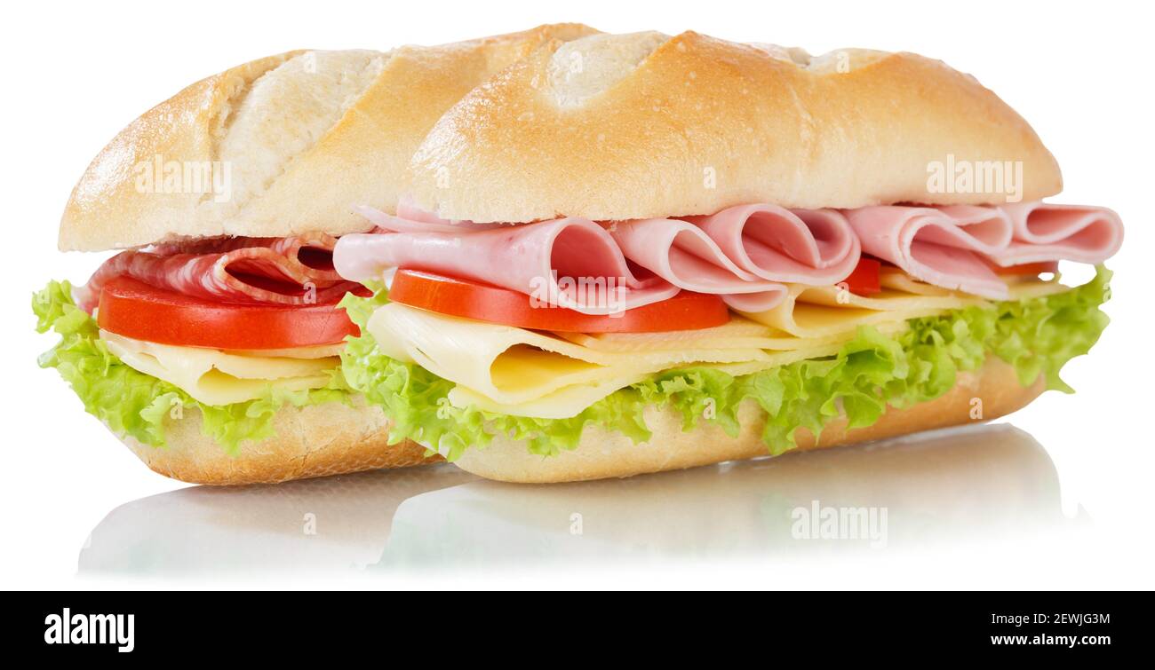 Sub sandwiches with salami ham and cheese isolated on a white background. Stock Photo