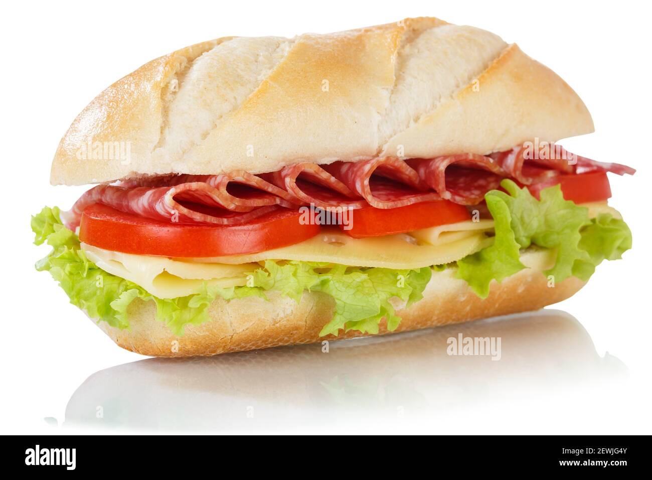 Sub sandwich with salami ham and cheese isolated on a white background