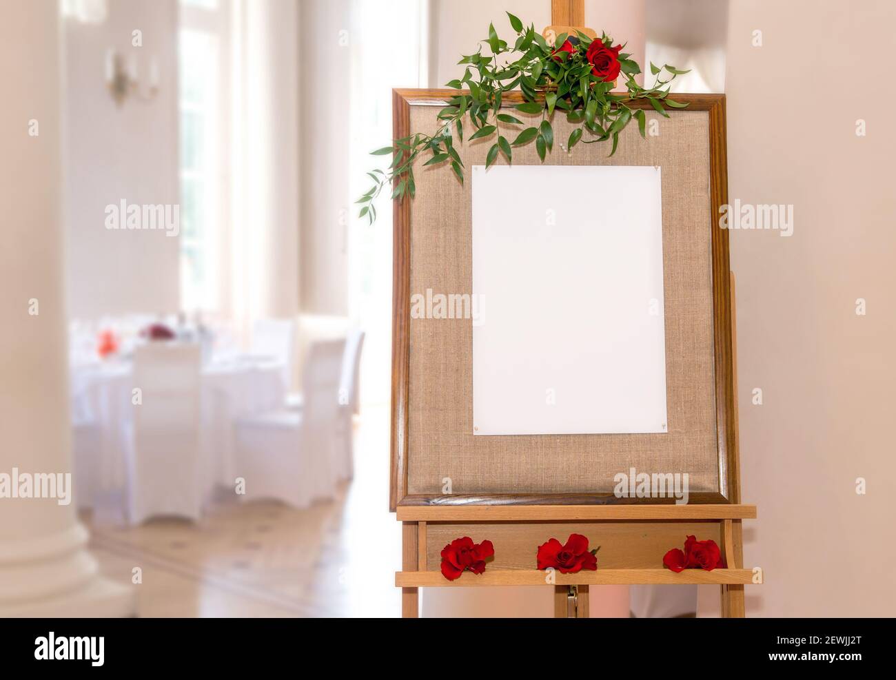 Wedding or birthday party empty seating chart map concept. Empty paper with room for text, set modern fancy manor on background. Stock Photo