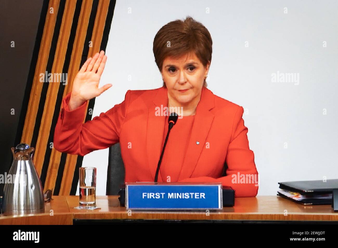 Edinburgh, Scotland, UK. 3 Mar 2021. Live streaming of First Minister of Scotland Nicola Sturgeon at Scottish Parliament in Edinburgh to give testimony to the Committee on the Scottish Government Handling of Harassment Complaints held by the Scottish Government . Iain Masterton/Alamy Live News Stock Photo