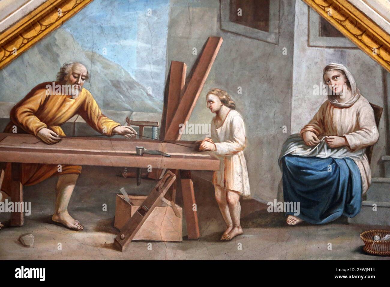 Jesus Christ carpenter. Painting. Saint Jacques collegiate church