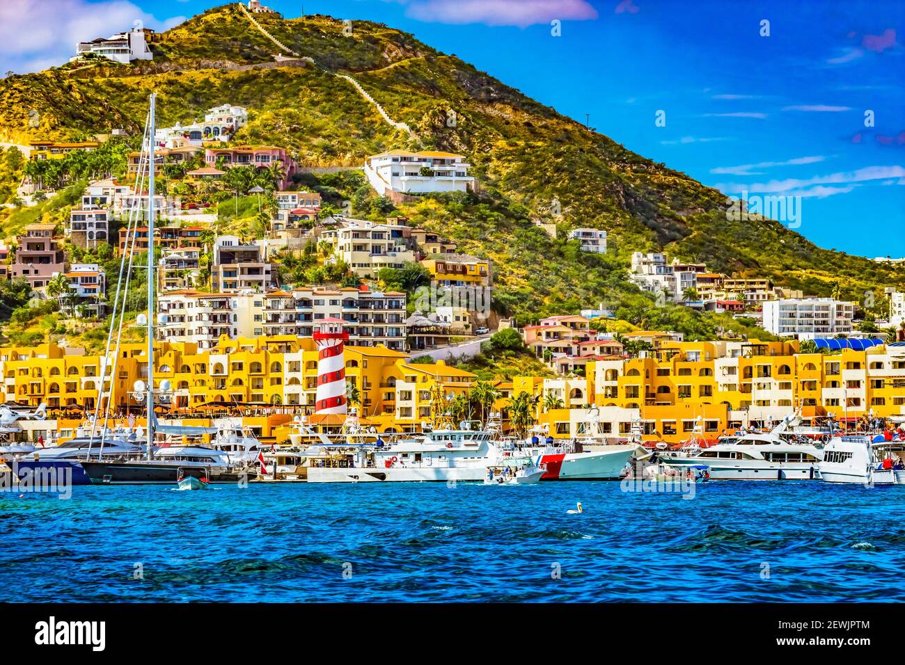 Colorful Lighthouse Marina Boats Yachts Harbor Water Reflection Stores