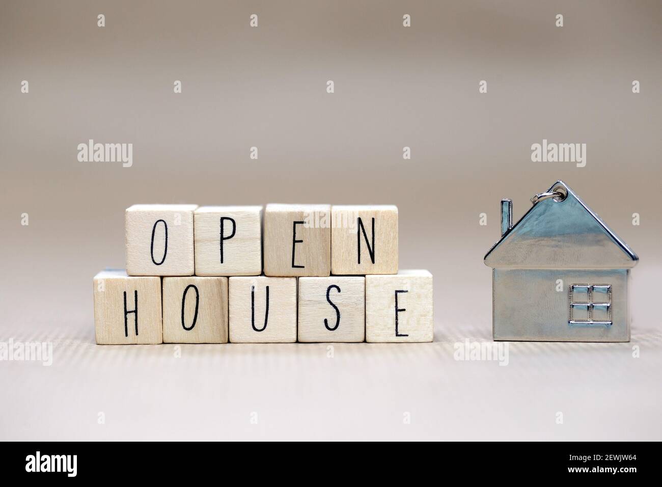 open house sign text wooden cubes, real estate, mortgage,business and sale concept background with symbol of house copy space. Stock Photo