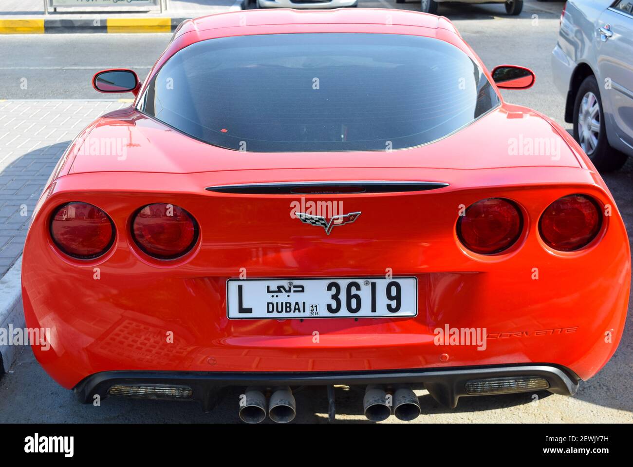 Back view of a red Chevrolet Corvette. Car exterior details Stock