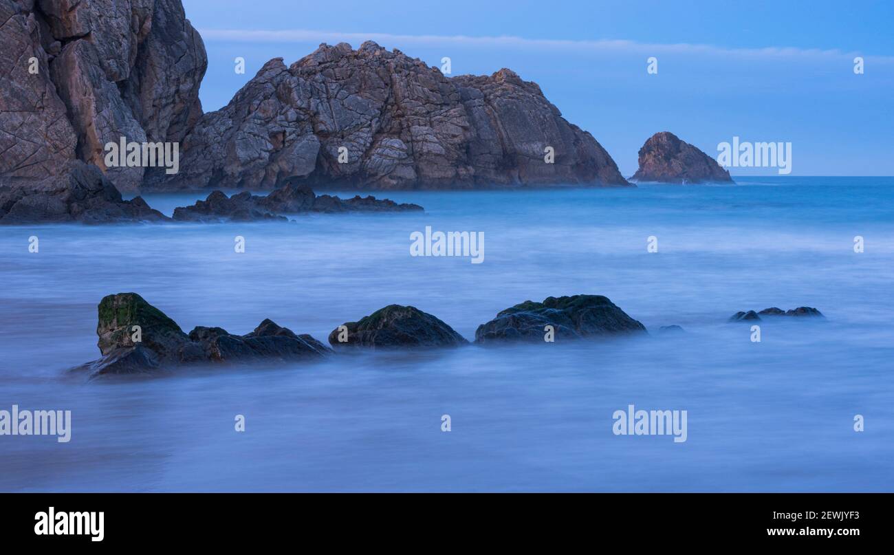 Beach in La Arnia. Cliffs of Liencres. Municipality of Piélagos in the Autonomous Community of Cantabria, Spain, Europe. Stock Photo
