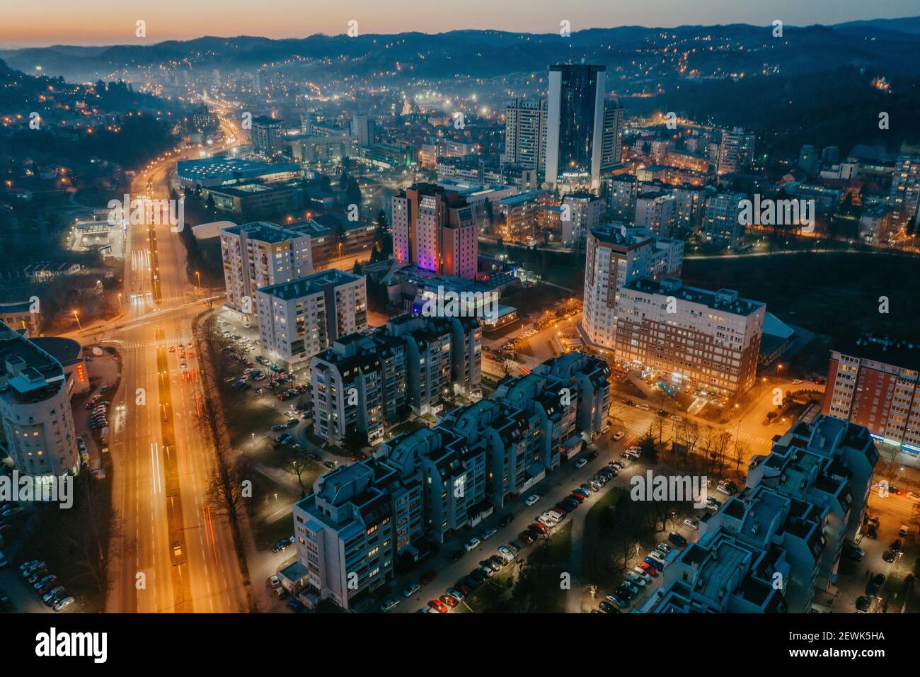 An aerial view of beautiful Tuzla cityscape in Bosnia and Herzegovina at night Stock Photo
