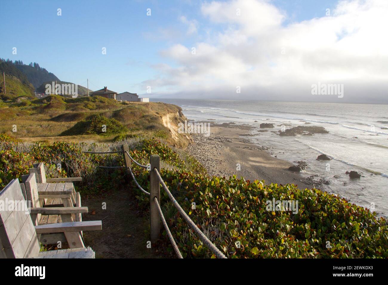 A view of the beach from a bluff in Yachats, Oregon, United States. Stock Photo