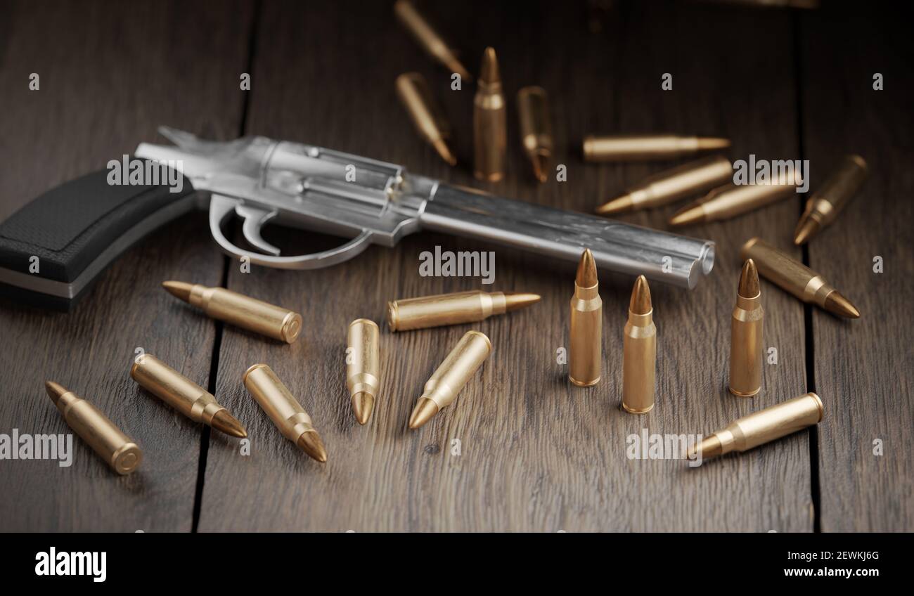 Many bullets and gun or pistol on wooden table. 3D rendered ...