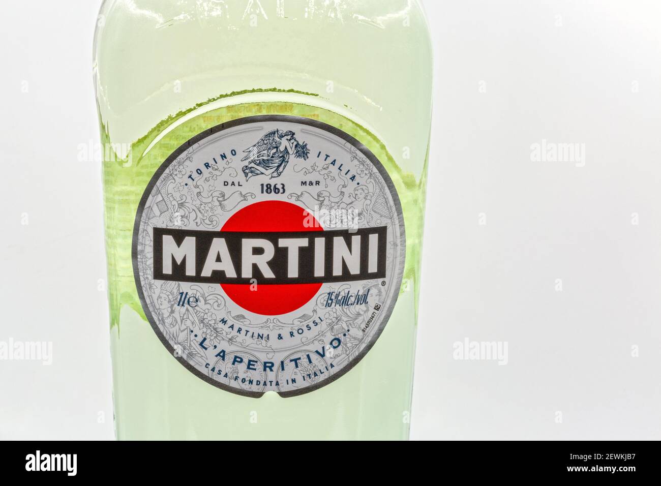KYIV, UKRAINE NOVEMBER 21, 2020 Martini Bianco bottle label closeup