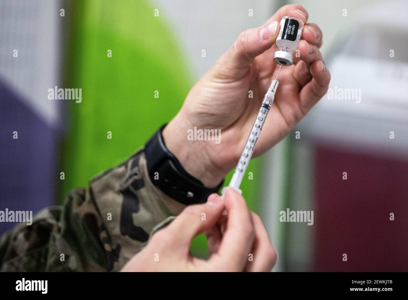 Pfizer-BioNTech COVID-19 vaccinations began Wednesday, Dec. 16, 2020, at Madigan Army Medical Center on Joint Base Lewis-McChord in Tacoma, Wash. Stock Photo